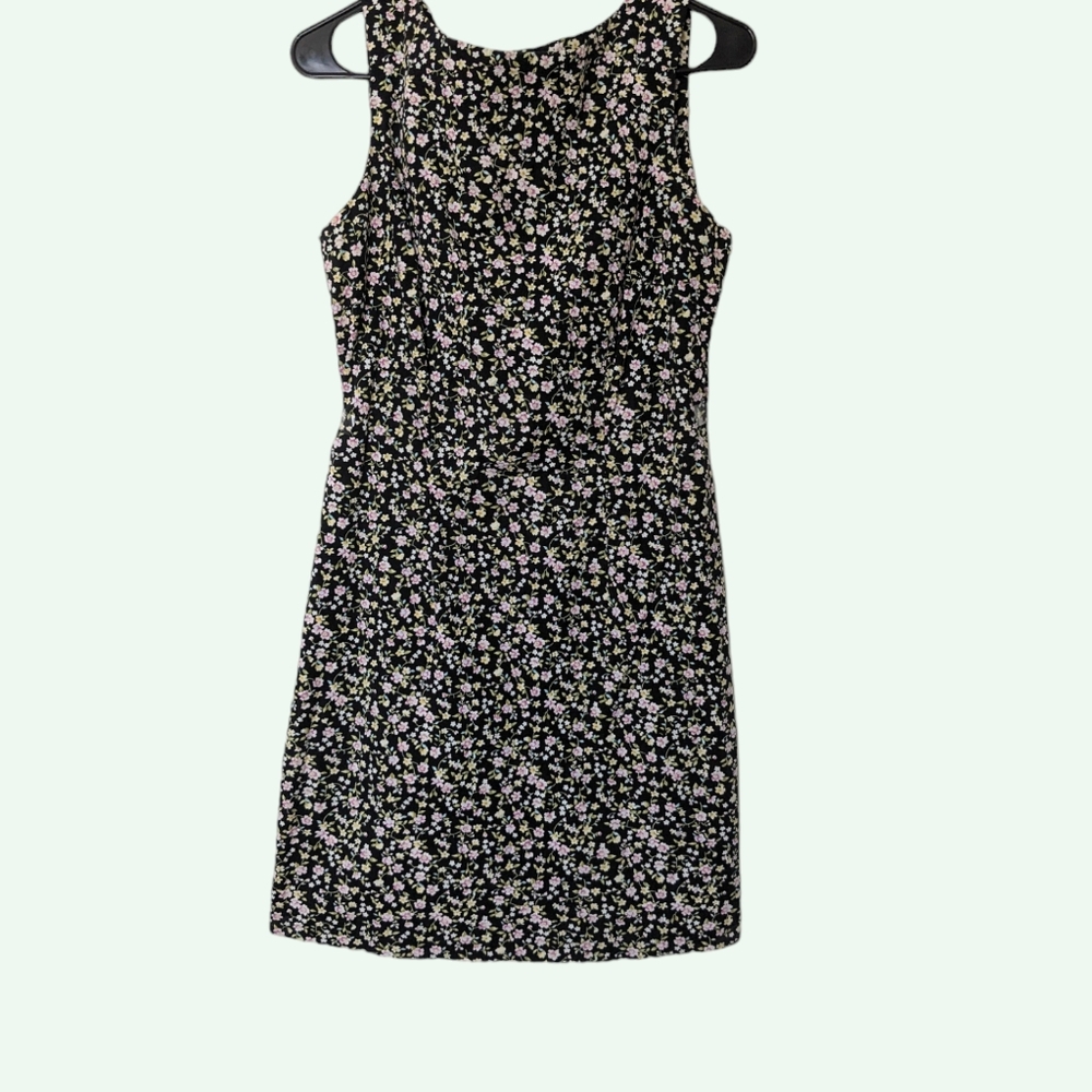 Sundress Black Floral 90s Style Boat neck Mini Dress CDC